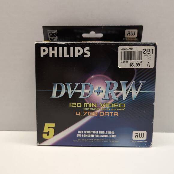 Philips DVD+RW 4.7GB 120 Minute 5 Pack Recordable Disks 1-4X Speed Sealed - Picture 3 of 12